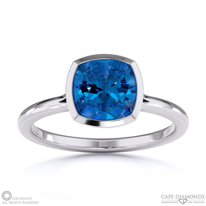 Sapphire Cushion Cut Bezel Setting Split Band White Gold Engagement Ring