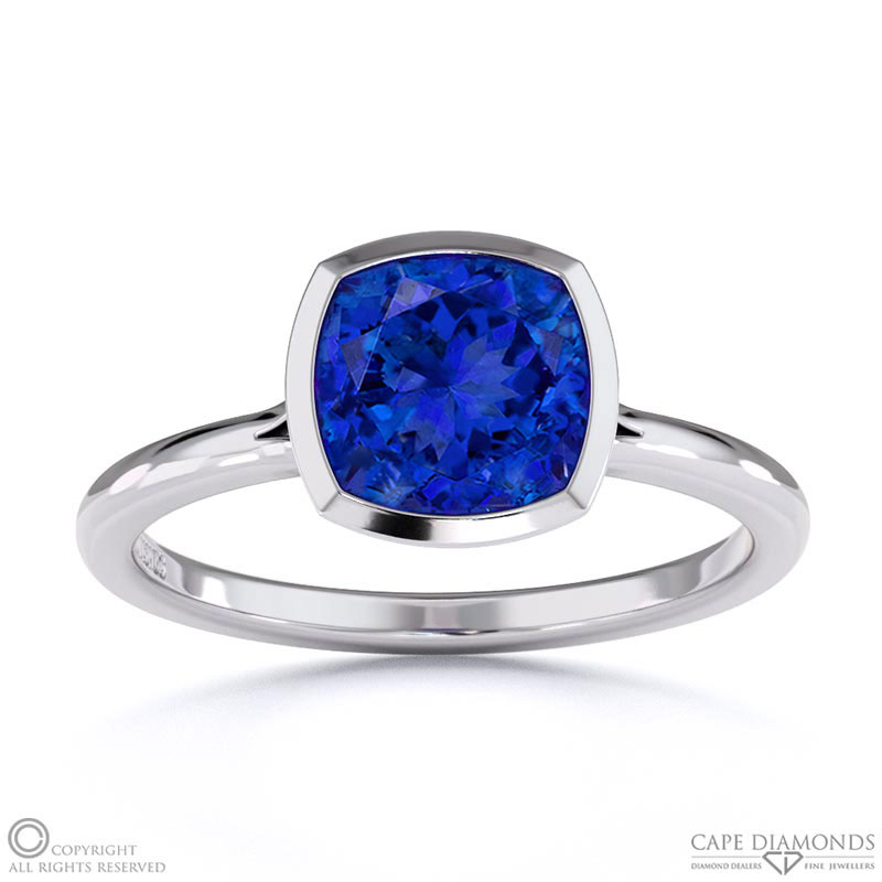 Tanzanite Cushion Cut Bezel Setting Split Band White Gold Engagement Ring