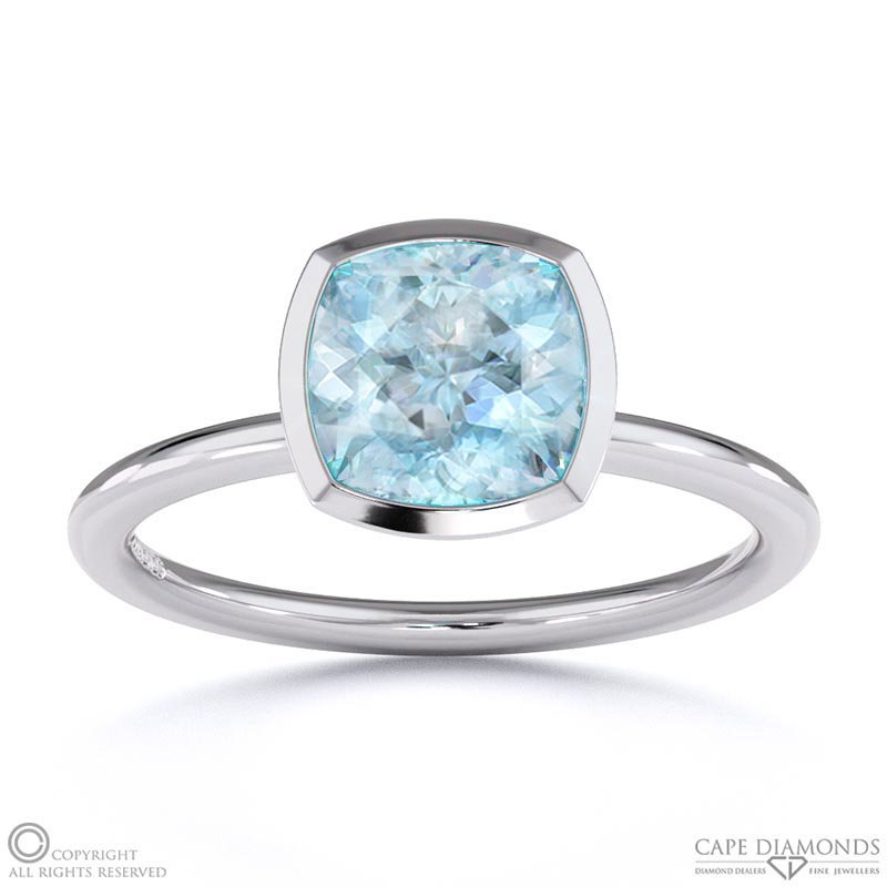 Blue Or Paraiba Tourmaline Cushion Cut Basket Bezel Setting Solitaire White Gold Engagement Ring