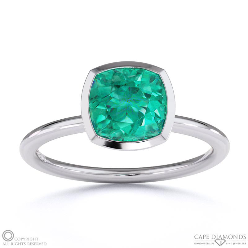 Emerald Cushion Cut Basket Bezel Setting Solitaire White Gold Engagement Ring