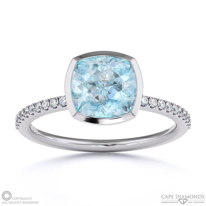 Blue Or Paraiba Tourmaline Cushion Cut Basket Bezel Setting Pave White Gold Engagement Ring
