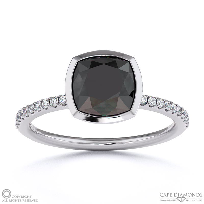 Black Lab Grown Diamond Cushion-cut Basket Bezel Setting Pave White Gold Engagement Ring