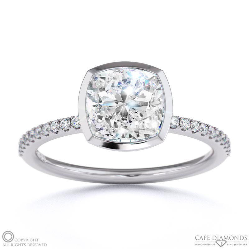 Lab Grown Diamond Cushion-Cut Basket Bezel Setting Pave White Gold Engagement Ring