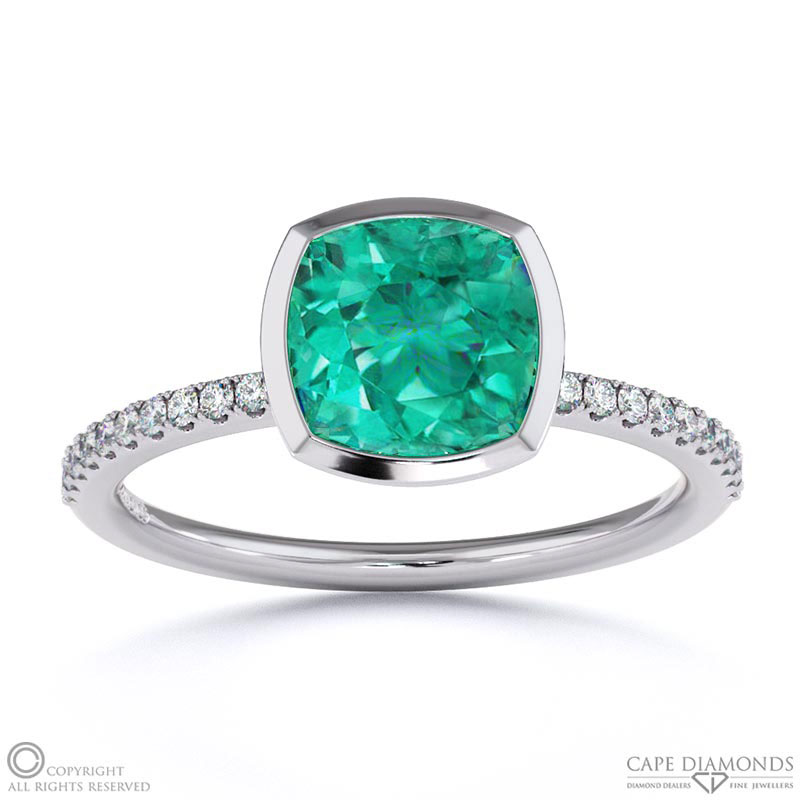 Emerald Cushion Cut Basket Bezel Setting Pave White Gold Engagement Ring