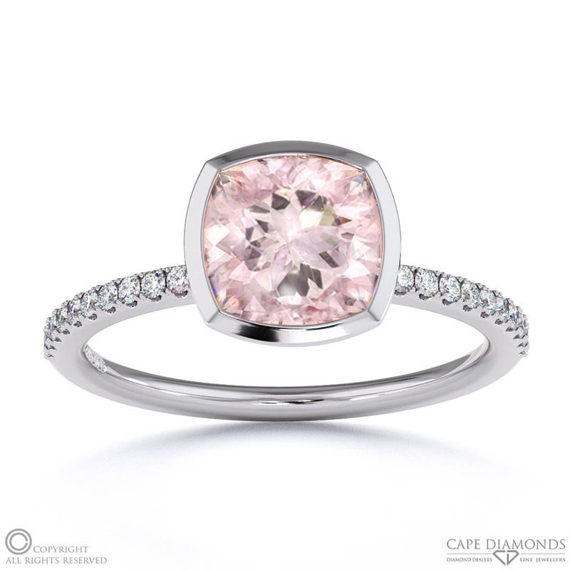 Morganite Cushion Cut Basket Bezel Setting Pave White Gold Engagement Ring
