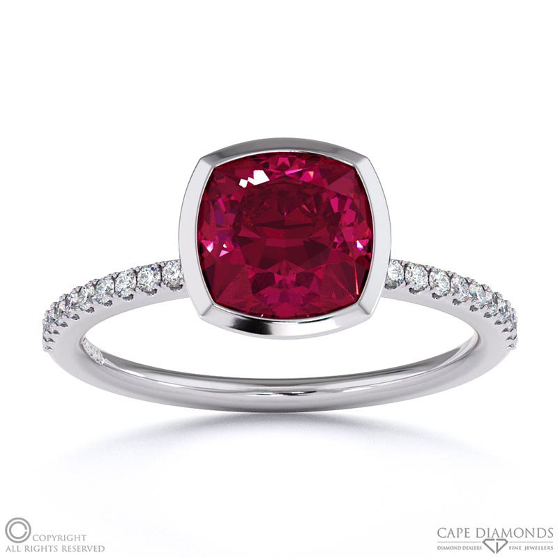 Ruby Cushion Cut Basket Bezel Setting Pave White Gold Engagement Ring