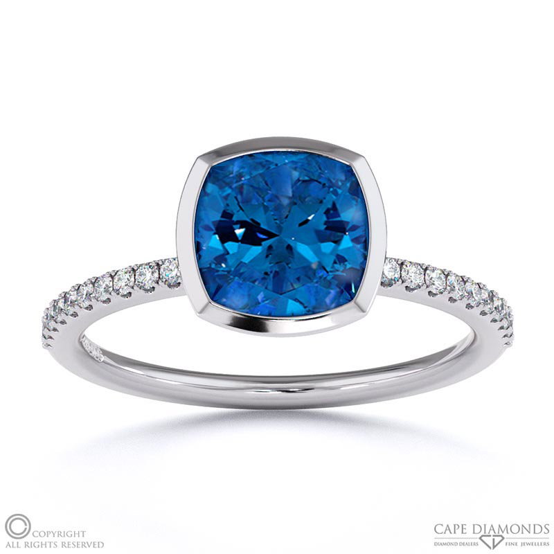 Sapphire Cushion Cut Basket Bezel Setting Pave White Gold Engagement Ring