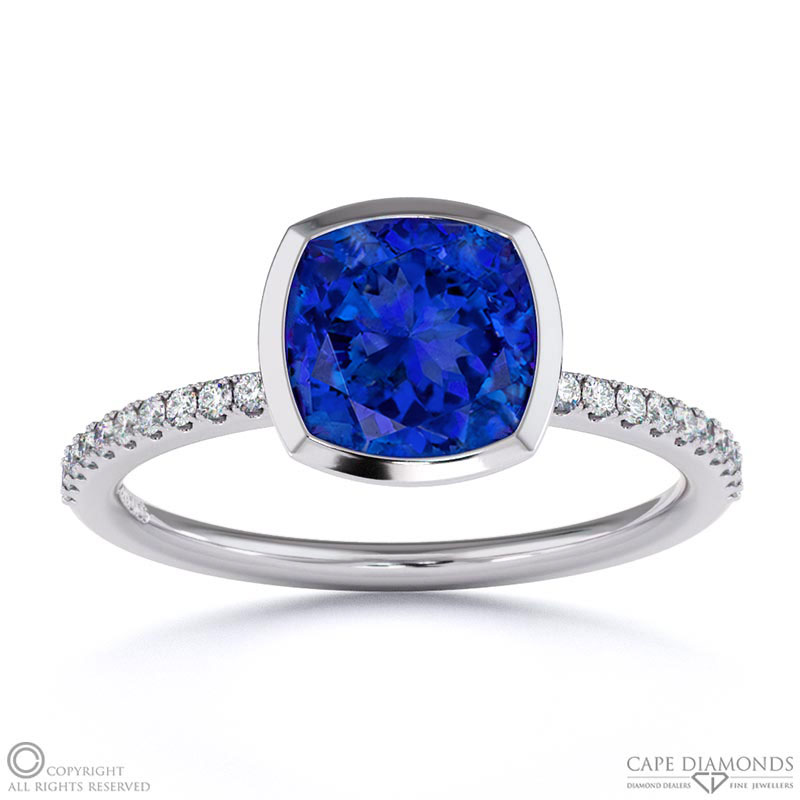 Tanzanite Cushion Cut Basket Bezel Setting Pave White Gold Engagement Ring