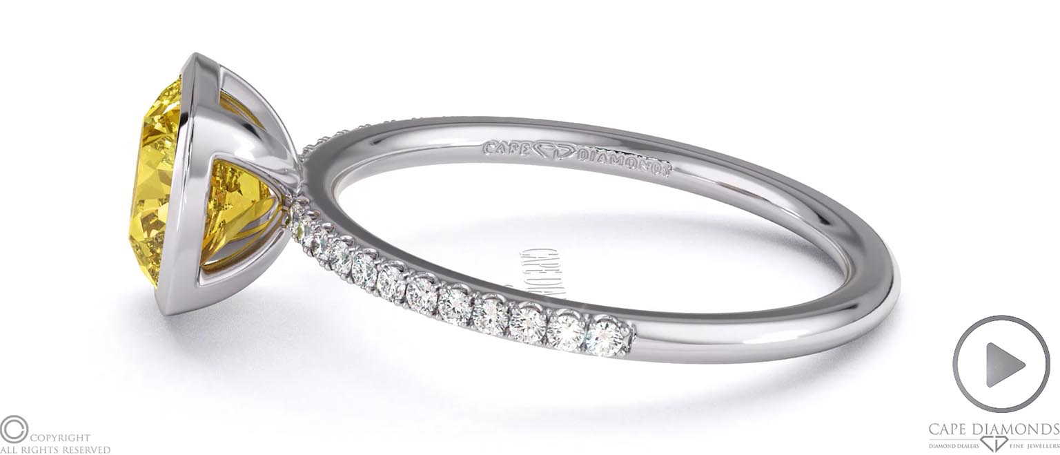 Yellow Lab Grown Diamond Cushion-cut Basket Bezel Setting Pave White Gold Engagement Ring top video