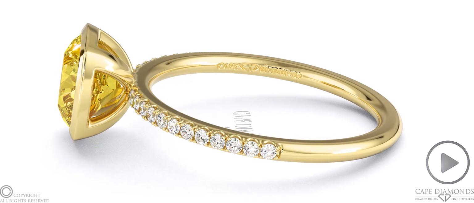Yellow Lab Grown Diamond Cushion-cut Basket Bezel Setting Pave Yellow Lab Grown Gold Engagement Ring top video