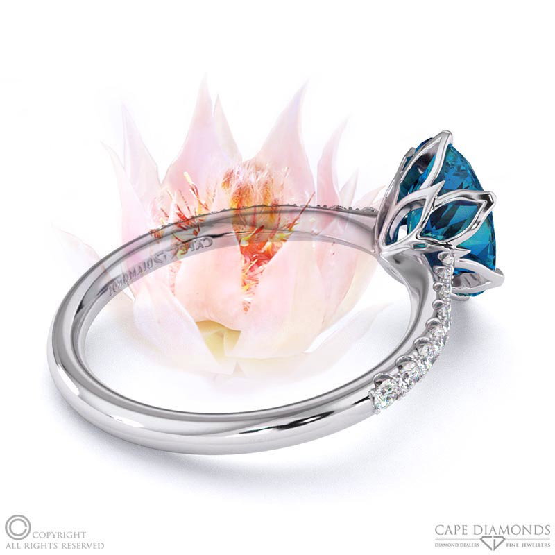 Blushing Bride Fynbos Teal Sapphire Oval Side Stone Engagement Ring White Gold