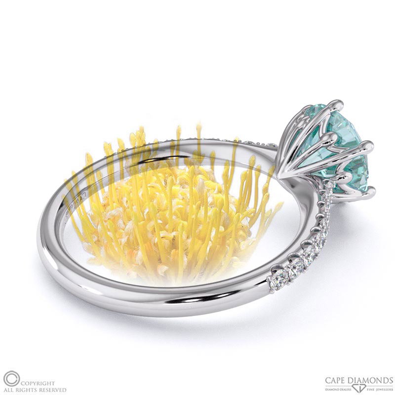 Pin Cushion Fynbos Aquamarine Side Diamond Engagement Ring White Gold