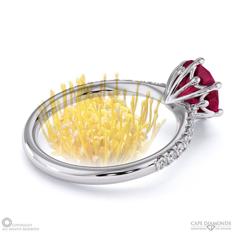Pin Cushion Fynbos Ruby Side Diamond Engagement Ring White Gold