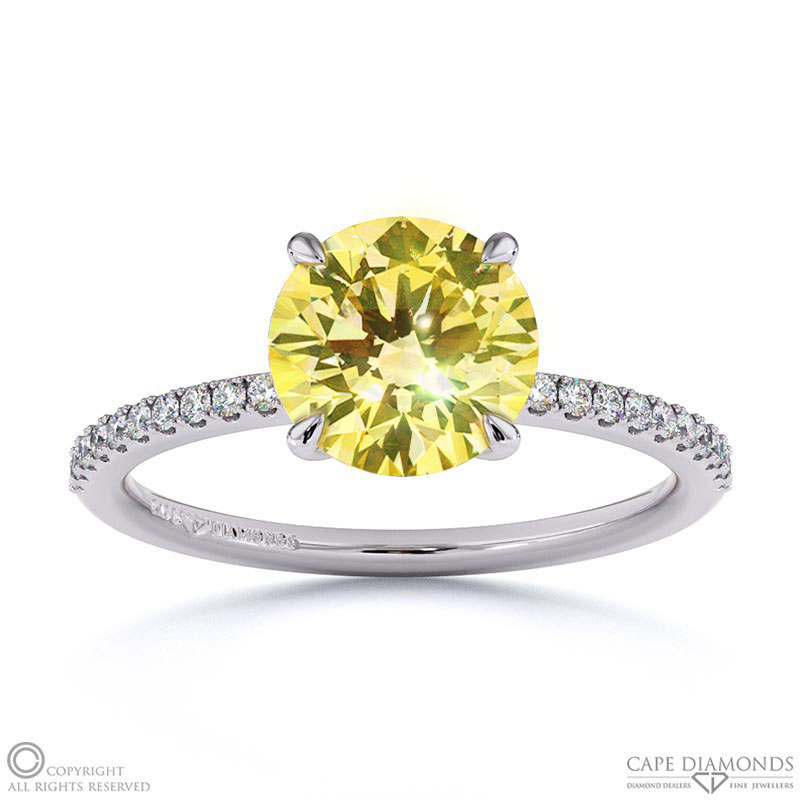 Yellow Natural Diamond Round Side Stone Claw Engagement Ring White Gold