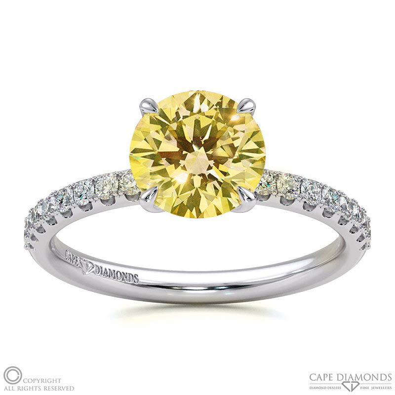 Yellow Natural Diamond Cat Claw Round Side Stone Engagement Ring White Gold