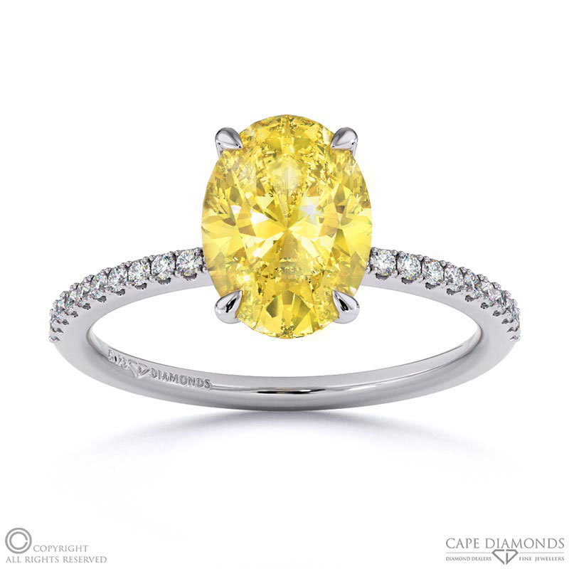 Yellow Natural Diamond Oval Side Stone Claw Engagement Ring White Gold