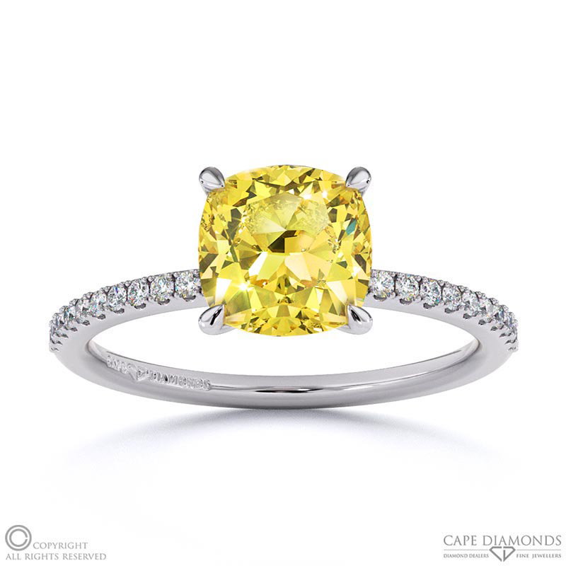Yellow Natural Diamond Cushion Side Stone Claw Engagement Ring White Gold