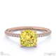 yellow lab grown diamond cushion side stone claw engagement ring rose gold with 9k rose gold metal and cushion shape diamond