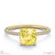 yellow lab grown diamond cushion side stone claw engagement ring yellow gold with 9k yellow gold metal and cushion shape diamond