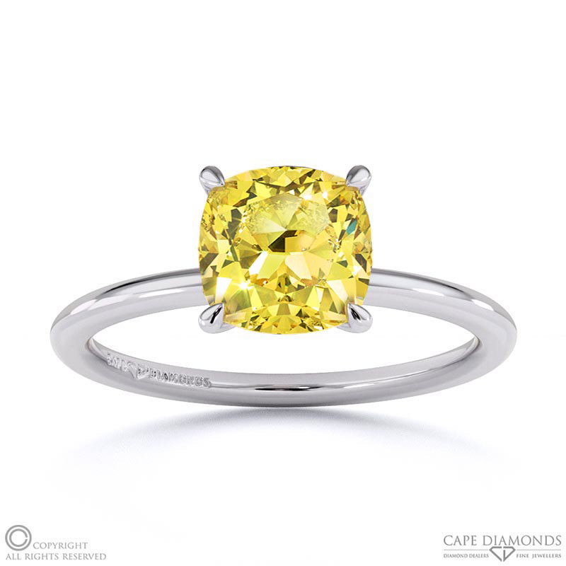 Yellow Natural Diamond Cushion Solitaire Claw Engagement Ring White Gold