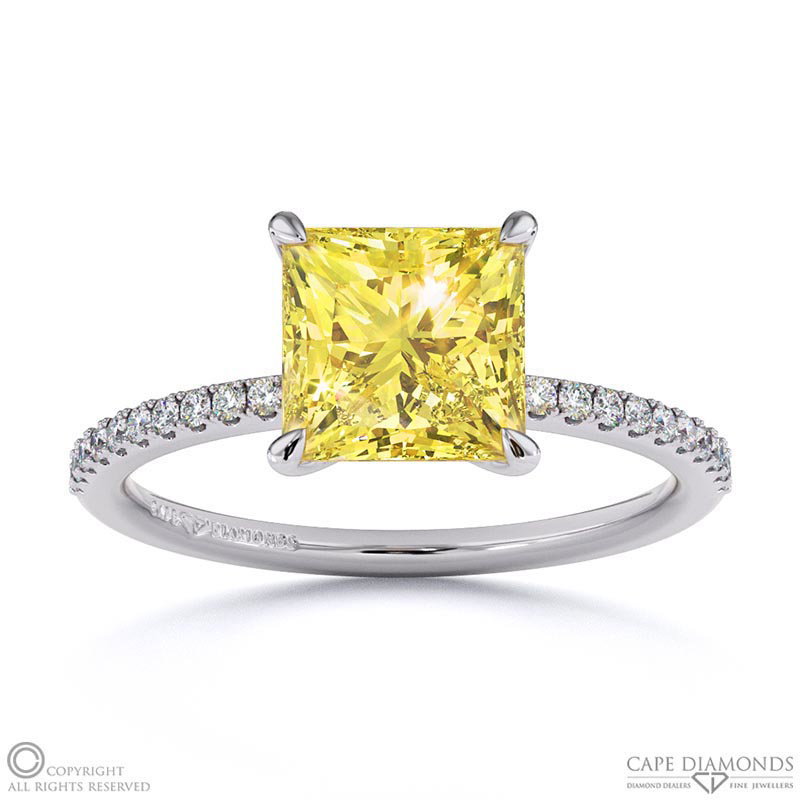 Yellow Natural Diamond Princess Side Stone Claw Engagement Ring White Gold