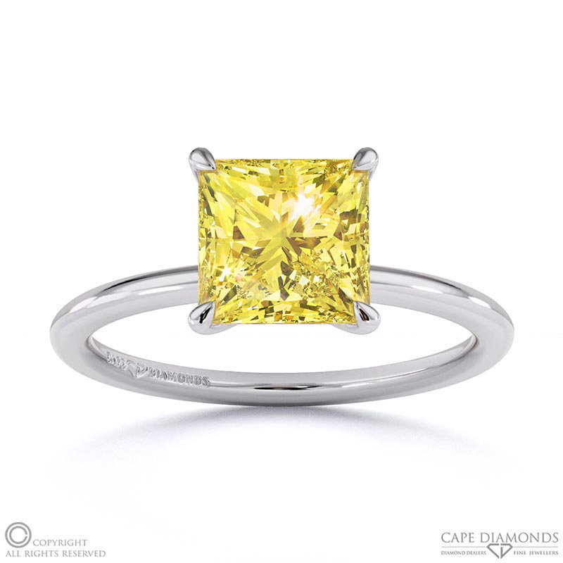 Yellow Natural Diamond Princess Solitaire Claw Engagement Ring White Gold