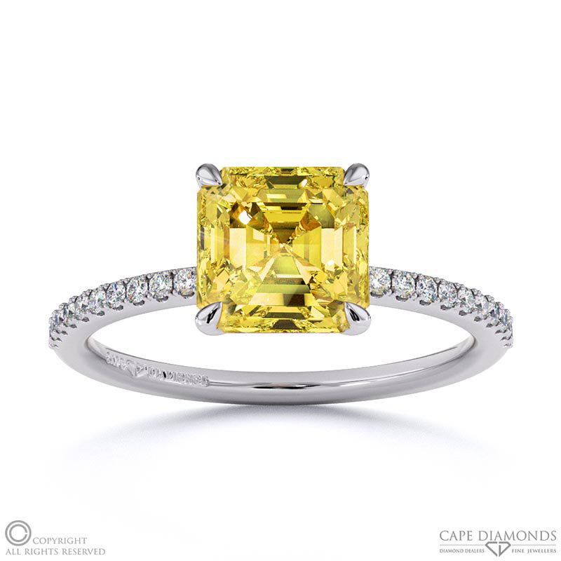 Yellow Natural Diamond Asscher Side Stone Claw Engagement Ring White Gold