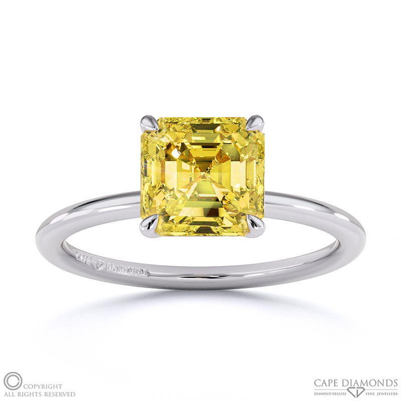 Yellow Natural Diamond Asscher Solitaire Claw Engagement Ring White Gold