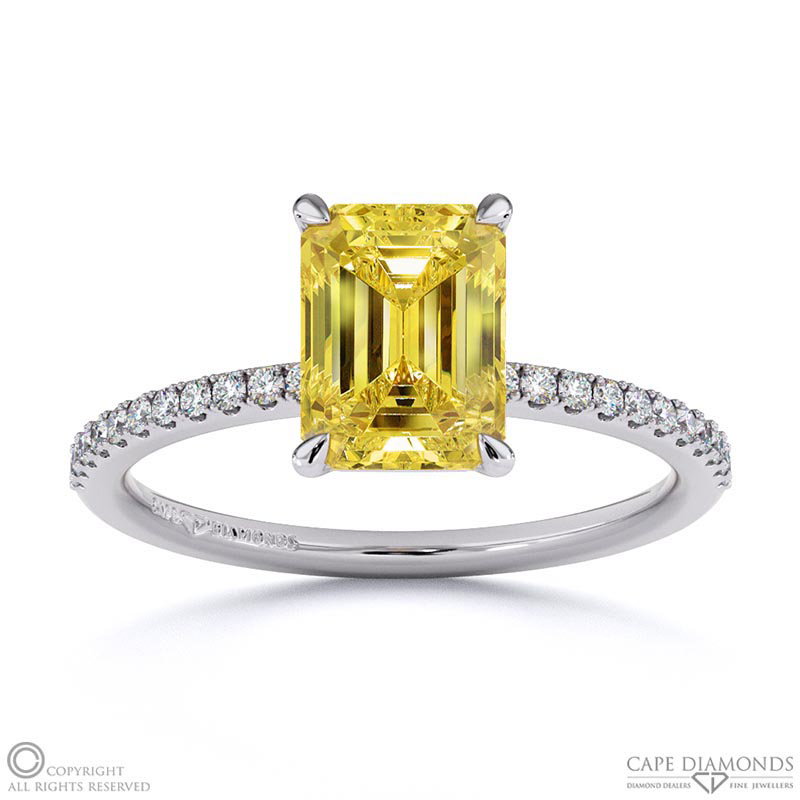 Yellow Natural Diamond Emerald Side Stone Claw Engagement Ring White Gold