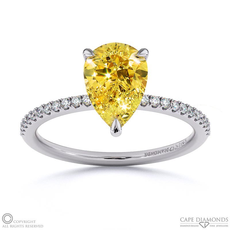 Yellow Natural Diamond Pear Side Stone Claw Engagement Ring White Gold