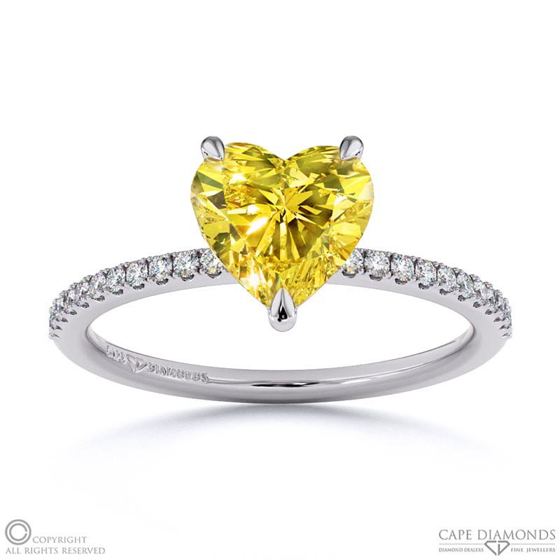 Yellow Natural Diamond Heart Side Stone Claw Engagement Ring White Gold