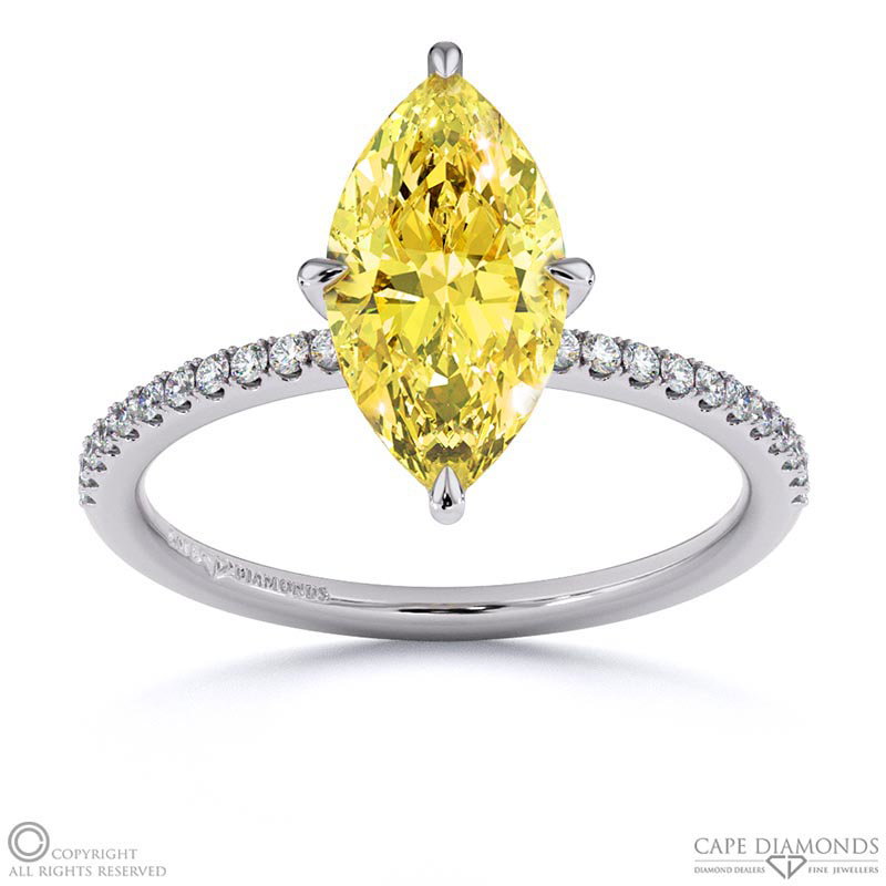 Yellow Natural Diamond Marquise Side Stone Claw Engagement Ring White Gold