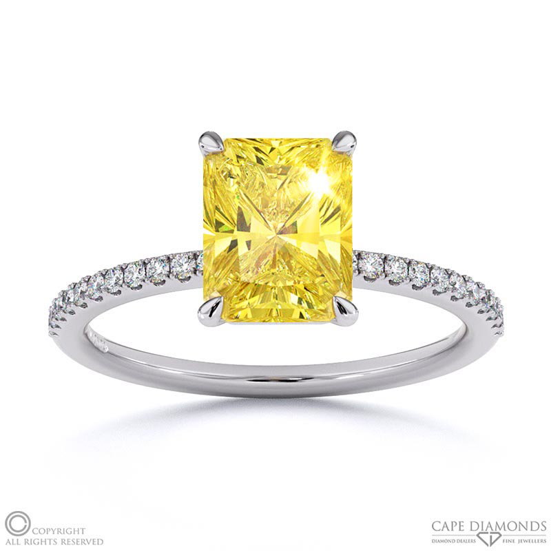 Yellow Natural Diamond Radiant Side Stone Claw Engagement Ring White Gold