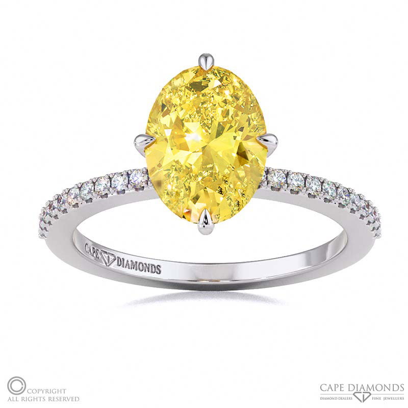 Yellow Natural Diamond Four Claw Hidden Halo Engagement Ring White Gold