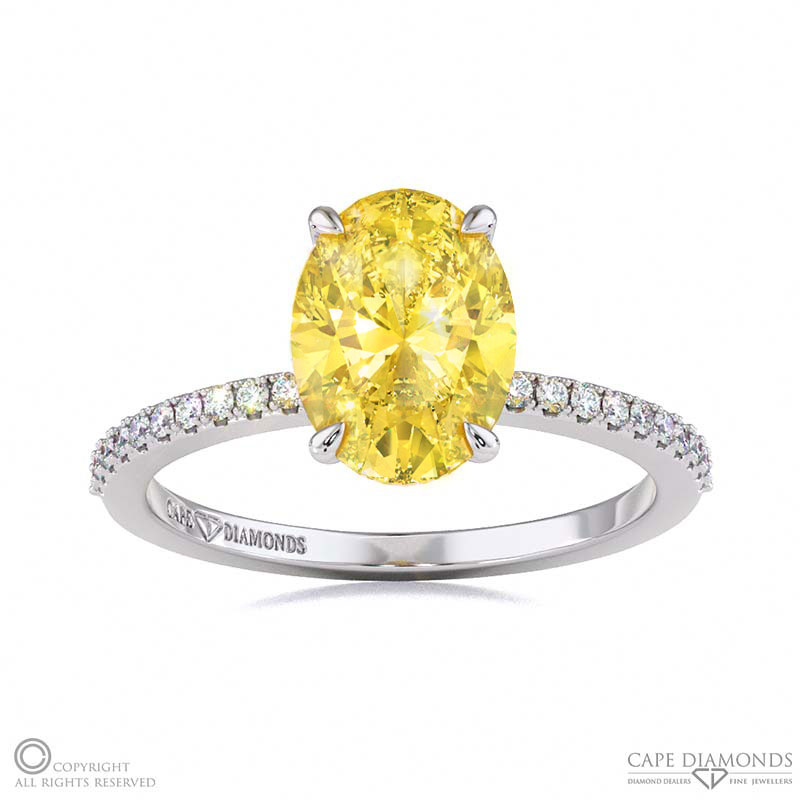 Yellow Natural Diamond Oval Hidden Halo With Pave Side Diamonds Engagement Ring White Gold