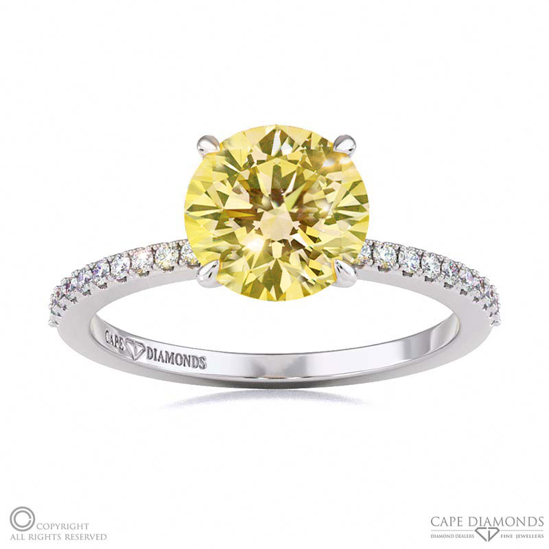 Yellow Natural Diamond Four Claw Hidden Halo Side Diamond Engagement Ring White Gold