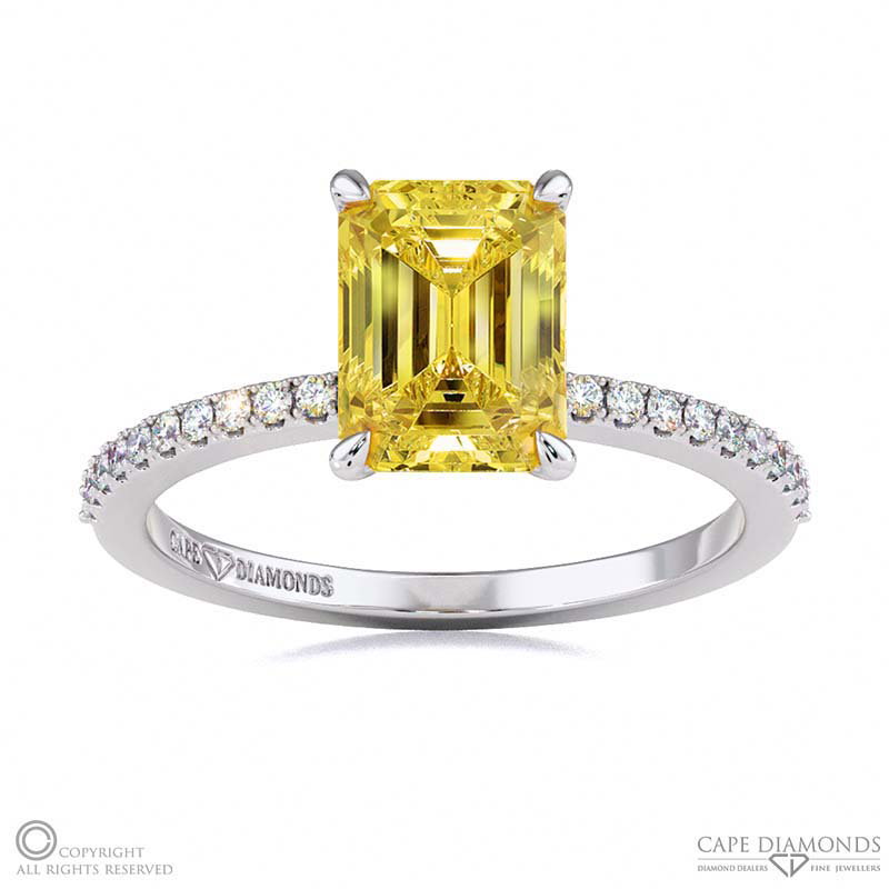 Yellow Natural Diamond Low Hidden Halo Emerald Cut Engagement Ring White Gold