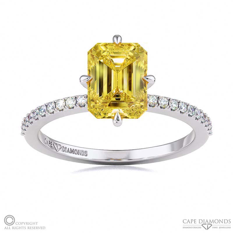 Yellow Natural Diamond Low Hidden Halo Emerald Cut Cross Claws Engagement Ring White Gold