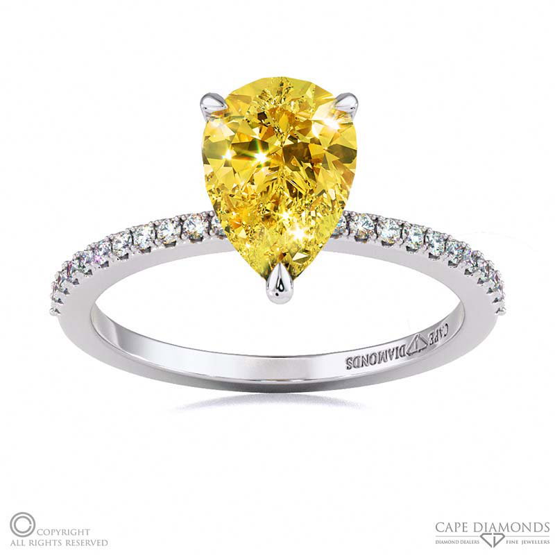 Yellow Natural Diamond Low Hidden Halo Pear Cut Engagement Ring White Gold