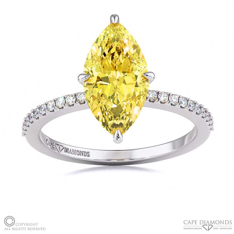 Yellow Natural Diamond Low Hidden Halo Marquise Cut Engagement Ring White Gold