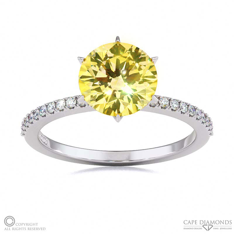 Lady Liberty Yellow Natural Diamond Round Cut Side Stone Engagement Ring White Gold
