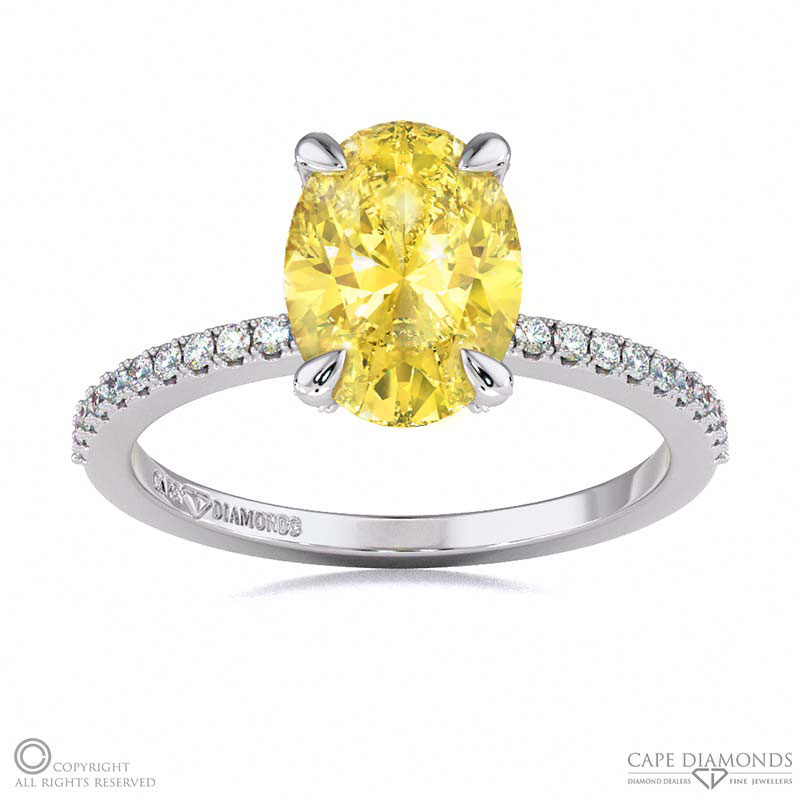 Yellow Natural Diamond Hidden Halo Claw Set Oval Side Stone Engagement Ring White Gold