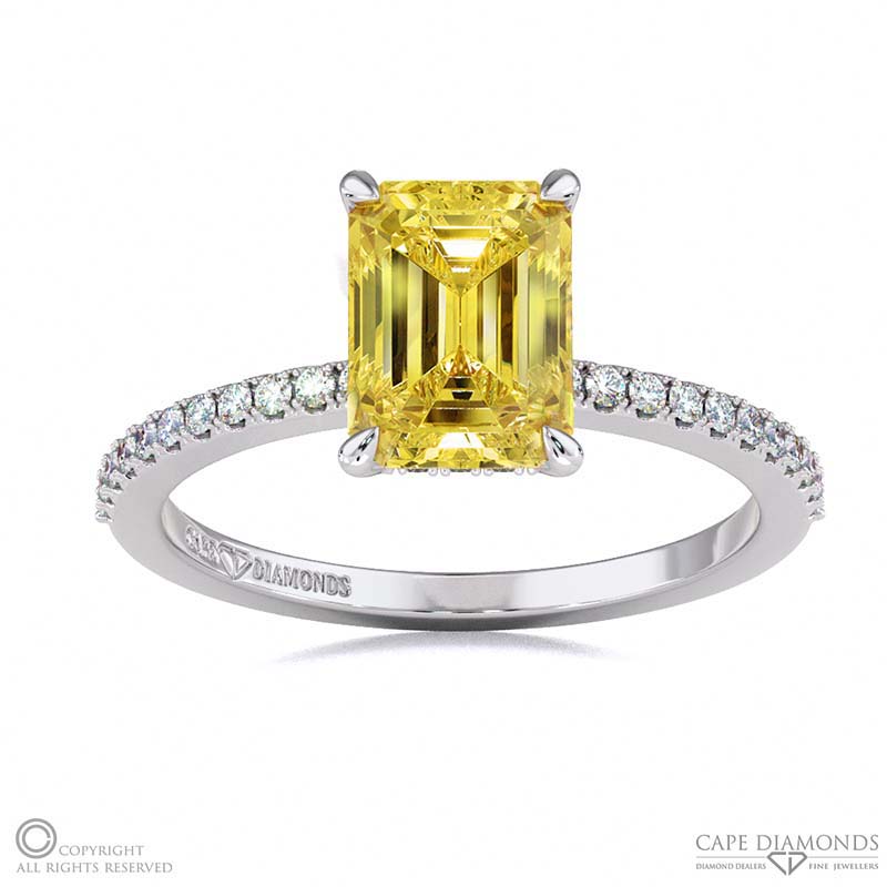Yellow Natural Diamond Hidden Halo Emerald Cut Side Stone Engagement Ring White Gold