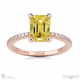 yellow lab grown diamond hidden halo claw set emerald side stone engagement ring rose gold with 9k rose gold metal and emerald shape diamond
