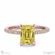 yellow lab grown diamond hidden halo claw set emerald side stone engagement ring rose gold with 9k rose gold metal and emerald shape diamond