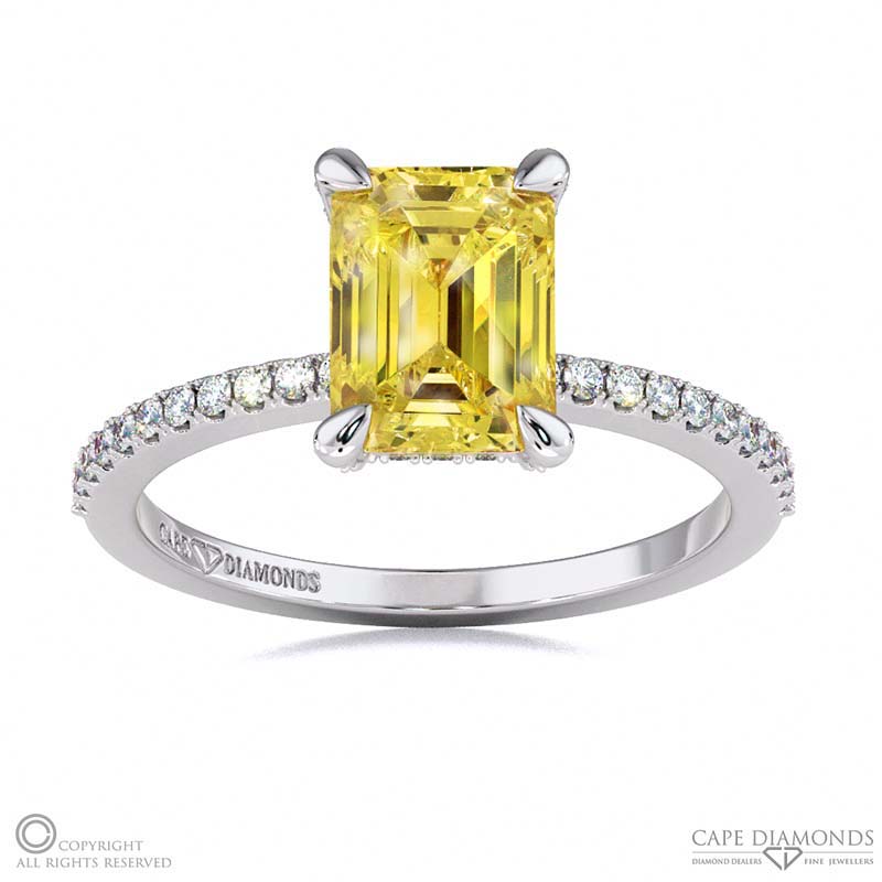 Yellow Natural Diamond Hidden Halo Claw Set Emerald Cut Side Stone Engagement Ring White Gold