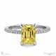 yellow lab grown diamond hidden halo emerald cut claw set side stone engagement ring white gold with 9k white gold metal and emerald shape diamond