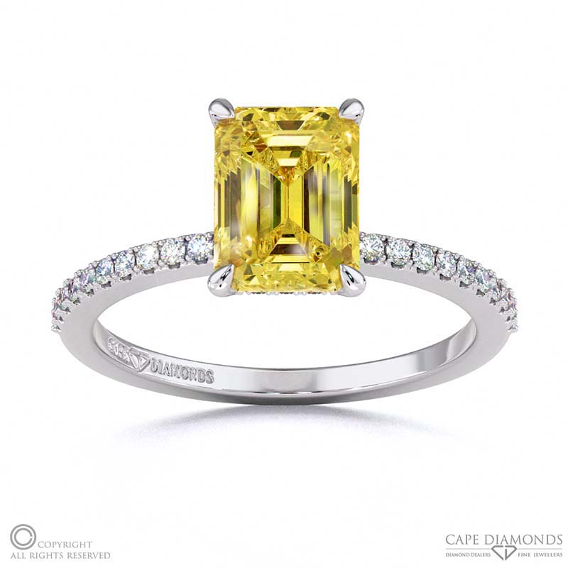 Yellow Natural Diamond Emerald Double Hidden Halo Side Stone Engagement Ring White Gold