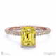 yellow lab grown diamond double hidden halo emerald cut side stone engagement ring rose gold with 18k rose gold metal and emerald shape diamond