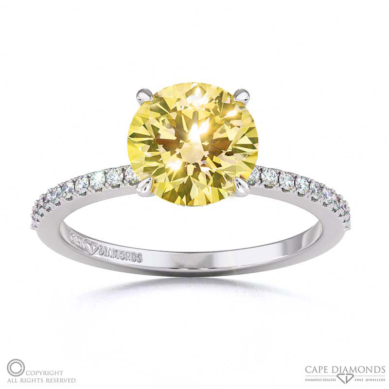 Yellow Natural Diamond Double Hidden Halo Round Cut Side Stone Engagement Ring White Gold